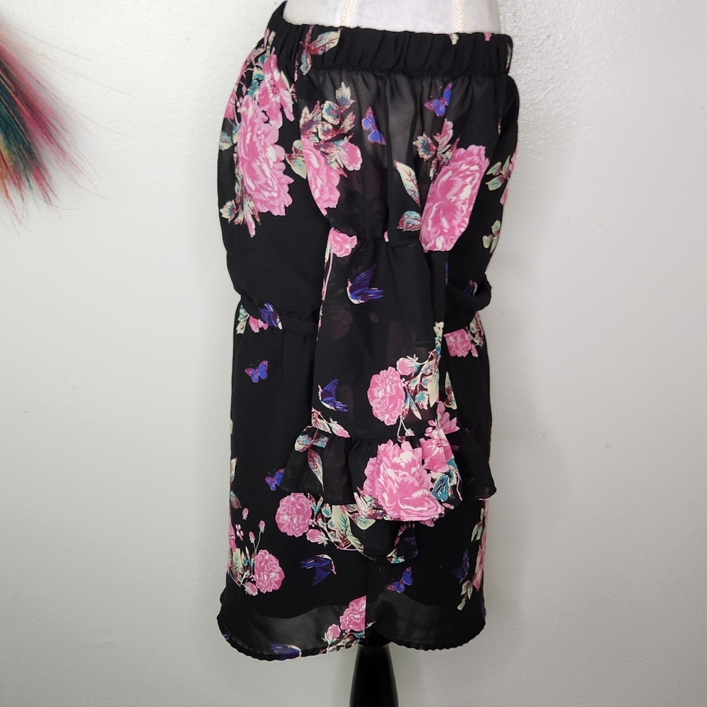 Hint Of Blush Black & Pink Floral Off The Shoulder Mini Dress Size Medium - Picture 10 of 12